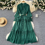 Court Retro Elegant Dress Women's Collar Horn Sleeves To Close Single Buckle Lace Splicing Large Swing