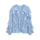 Women's V-Neck Folding Trim Shirt Long-Sleeved Top Loose