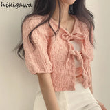 Blusas De Mujer Sweet Blouse for Women Bandage V-neck Puff Sleeve Folds Shirts Crop Tops Summer Fashion Chic Blouses
