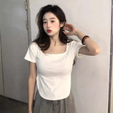 Toloer 2024 New Pure Desire Wind Big U-Collar Hot Girl Top Show Slim Slim Irregular Short-Sleeved T-Shirt Female