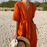 Casual V-neck Pockets Dress for Women 2022 Summer Women Holiday Dresses Solid Loose Orange Dress French Vestido