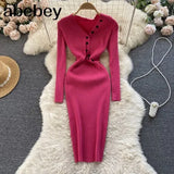 Hollow Out Women Korean Knitted Dress Long Sleeve Elastic Slim Pencil Dresses 2022 Autumn Sexy Bodycon Sweater