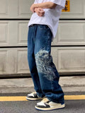 Vintage High Street Blue Embroidered Dragon Pattern Women Jeans Y2K Harajuku Style Hip Hop Popular High-Waisted