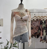Shooting Lace Splicing Oblique Shoulder Thin Tie-Dye Mesh T-Shirt Girl T-Shirt T-Shirt Shawl T-Shirt