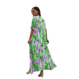 Summer New Elegant Dress V-Neck Print High-Waisted Loose Swing Short-Sleeved Dress