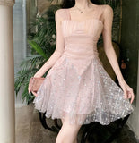 Sexy Elegant Dresses Women Sleeveless Sequins Mesh Patchwork Slim Paty Dress Mini Summer French Style Fairy Female-Outfit