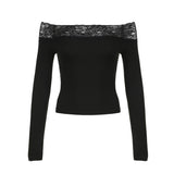 Toloer Hot Girl One Word Shoulder Lace Splicing Long Sleeve T Shirt Female New Slim Solid Color Bottom Top-Outfit