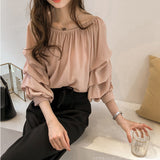 New Korean Version Of Temperament Word-Collar Shoulder Chiffon Shirt Women Loose Bubble Tops Thin Solid Color Bottom