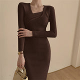 Autumn / Winter Core-Spun Yarn Knitted Long-Sleeved Dress V-Collar Slim Black Medium-Long Slit Hip Skirt-Outfit
