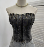 Shooting Retro Do Old Zipper Niche Vest Rivet Water Wash Denim Braid Short Open Shirt Wrapped Brae