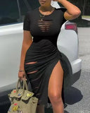 Toloer Sexy Round Collar Short Sleeve Slit Pleated