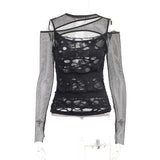Summer New Personality Women's Wear Dark Wind Hot Girl Sexy Slim Grid Hole Long-Sleeved Top Girl-Outfit