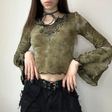 Toloer Print Tie-Dye Color Long-Sleeved T-Shirt New V-Neck Y2K Crop Top-Outfit