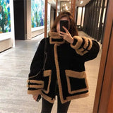 Fur Faux Fur Shaggy Coat Female Lamb Coats Fluffy Zipper Top Korean Fashion Large Pockets Velcro Stand Collar Bib Black