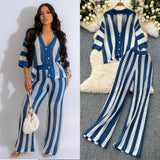 Women's Summer V-Neck Loose Knitted Cardigan Top + Broad Leg Trousers Set With Striped Hollow