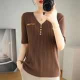 Toloer 2024 New Short Knit Women's Fashion Slim Short-Sleeve T-Shirt Thin Medium Sleeve Top-Outfit