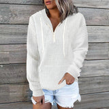 Toloer New Casual Home Wear Women's Zipper Hooded Bag Solid Color Waffg Long Sleeve Hoodie-Outfit