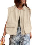 New Women's Sleeveless Pocket Baggy Vest Solid Color Cardigan Zipper Fashion Coat Women-Outfit