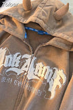 Ears Zip Up Hoodies Women Letter Hooded Sweatshirt Harajuku Streetwear Y2K Oversized Long Sleeve Tops Loose Jacket