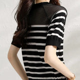 Women's Striped Round Neck Button Pullover Gauze Solid Short Sleeve T-shirt Casual Office Lady Vintage Knitted Tops-Outfit