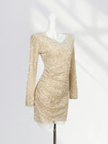 Toloer Lined Elegant French V Collar Sequin Wrapped Hip Skirt Slim Pleated Long Sleeve Skirt Gold Wind Velvet