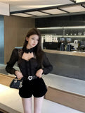 Shirts Women Lace Patchwork Hollow Out Long Sleeve Winter Fashion Slim Crop Tops Female Blouse French Style Chic-Outfit