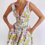 Summer New Temperament V-Neck Collar Waistless Sleeveless Dress Crumumped Holiday Dress Long