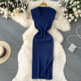 Spring Summer Dress Knitted Solid O Neck Sexy Bodycon Midi Dresses for Women Stretch Vestidos