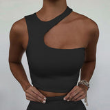 Toloer Summer Hot Style Women's New Sexy Shoulder Irregular Short Sports Vest Bottom Top-Outfit