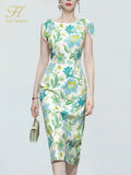 Han Queen Elegant Fashion Print Slim Office Pencil Dress Women's Korean Sheath Pencil Dresses Mid-Calf Party Bodycon Vestidos-Outfit