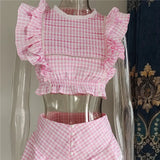 Plaid Ruffle Crop Top And Shorts Set-Outfit