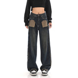 Toloer New Niche Design Contrast Jeans Women's High Street Blue Fur Mop Wide Leg