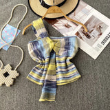 Design With Chic Kinescastic Striped One-Shoulder Sling Vest For Women Wearing A Short Coat Of