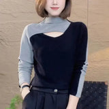 Colors Patchwork T-shirt Female Clothing Korean Asymmetrical 2023 Autumn Winter Fashion Sexy Cut Out Slim Pullovers-Outfit