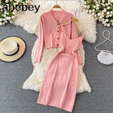 Botton Knitted Women Sets Loose Long Sleeves Cardigan+ Solid Elastic Dress French Style Casual Two Piece