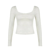 Solid Color Square Neck Lace Trim Bow Tee-Outfit