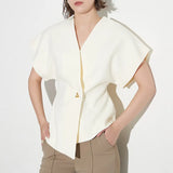 Toloer Commuter Wind 2024 New V Neck Short Sleeve Waist A Button Door Skirt Asymmetric Thin Pure Color Vest Woman-Outfit
