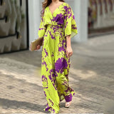 Toloer 2024 New Women's Ins Fashion Elegant Print Bat Sleeve Waist V Neck Women's