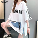 Sense Split Short-sleeved T-shirt Women Korean Large Size Five-point Sleeves Hoodie Loose Mid-length Hooded Tops