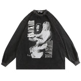 Punk Style Hoodies Grunge Print Vintage Hip Hop Oversized Pullovers Distressed Wash Black Sweatshirts Hippie Emo