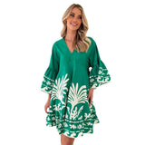 Summer New V-Neck Print Horn Sleeve Loose Short Dress