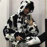 Winter Women Fleece Jackets Furry Teddy Coat Women Harajuku Milk Cow Print Faux Fur Jacket Vintage Hip Hop Warm