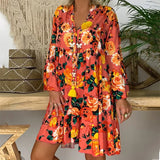 Bohemian Women Dresses Summer Long Sleeve Button Loose Mini Dress Big Swing Boho Dress Printed Vestido 425-1-Outfit