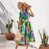Women's Wear Station Summer Print Wrinkle Medium Long Short-Sleeved Dress-Outfit