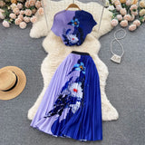 Vacation Beach 2pcs Set Women Floral Printed Short Sleeve Tops And High Waist Pleated Long Skirt Suit Spring