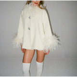 Feather Collar Cape Rhinestone Buttoned Coat-Outfit