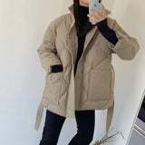 2021 New Cotton Solid Coat with Belt, Ladies Loose Pocket Bubble Thick Down Jacket Ladies Jackets Keep Warm In Autumn and