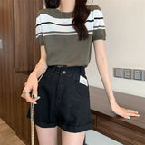 Short Sleeves Straight Shoulder T-Shirt Girl Summer Chic Vintage Unique Thin Bump Chic Short Striped Top