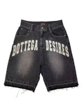 Sales Wash To Make Old Fringed Loose Men's Denim Shorts Retro Letter Black Gray Shorts-Outfit