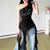 Summer Fashion Trend Women's New Slant Shoulder Repair Letter Drill Irregular Vest